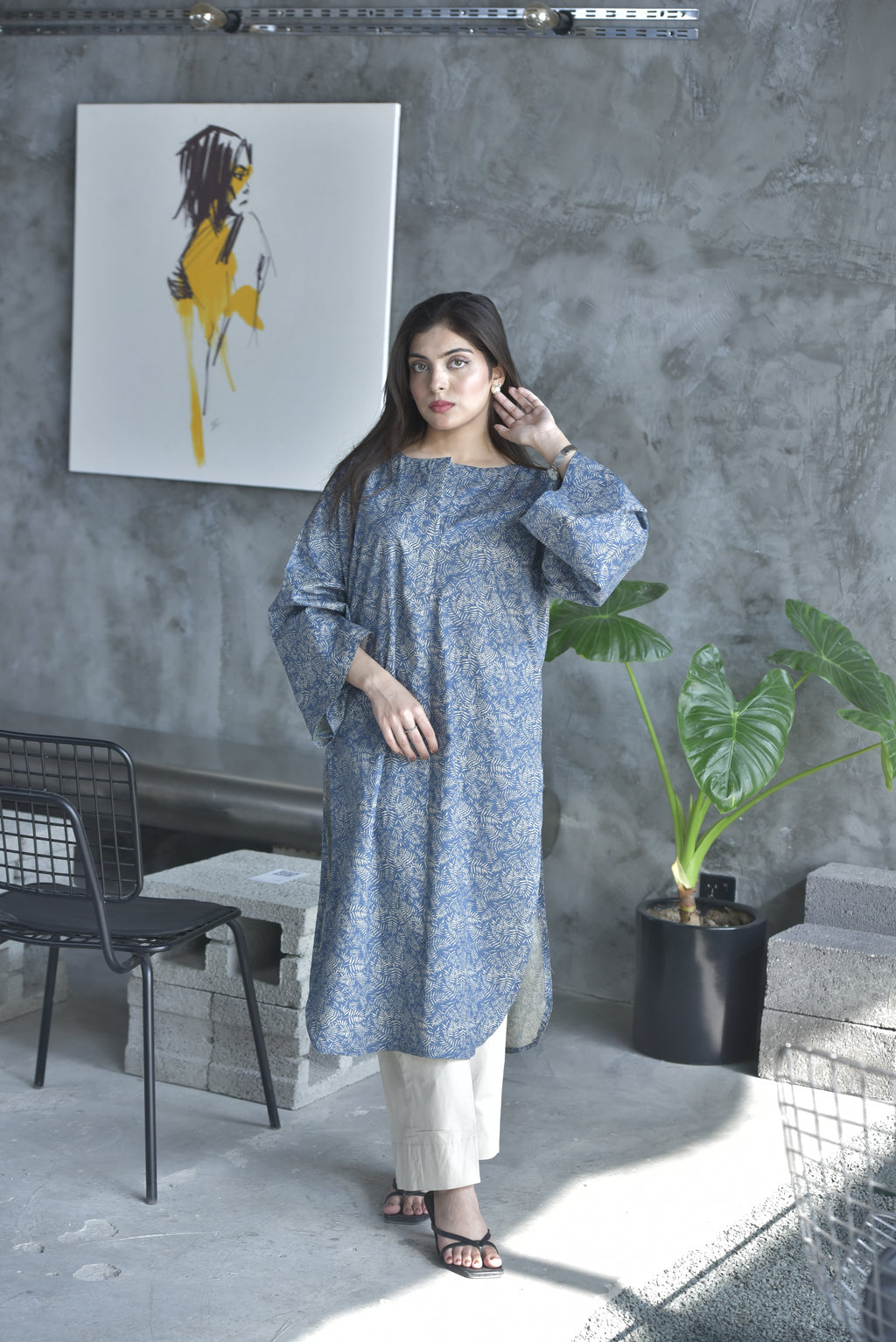 Blue Leaf Print Winter Kurta | Chic Casual Look