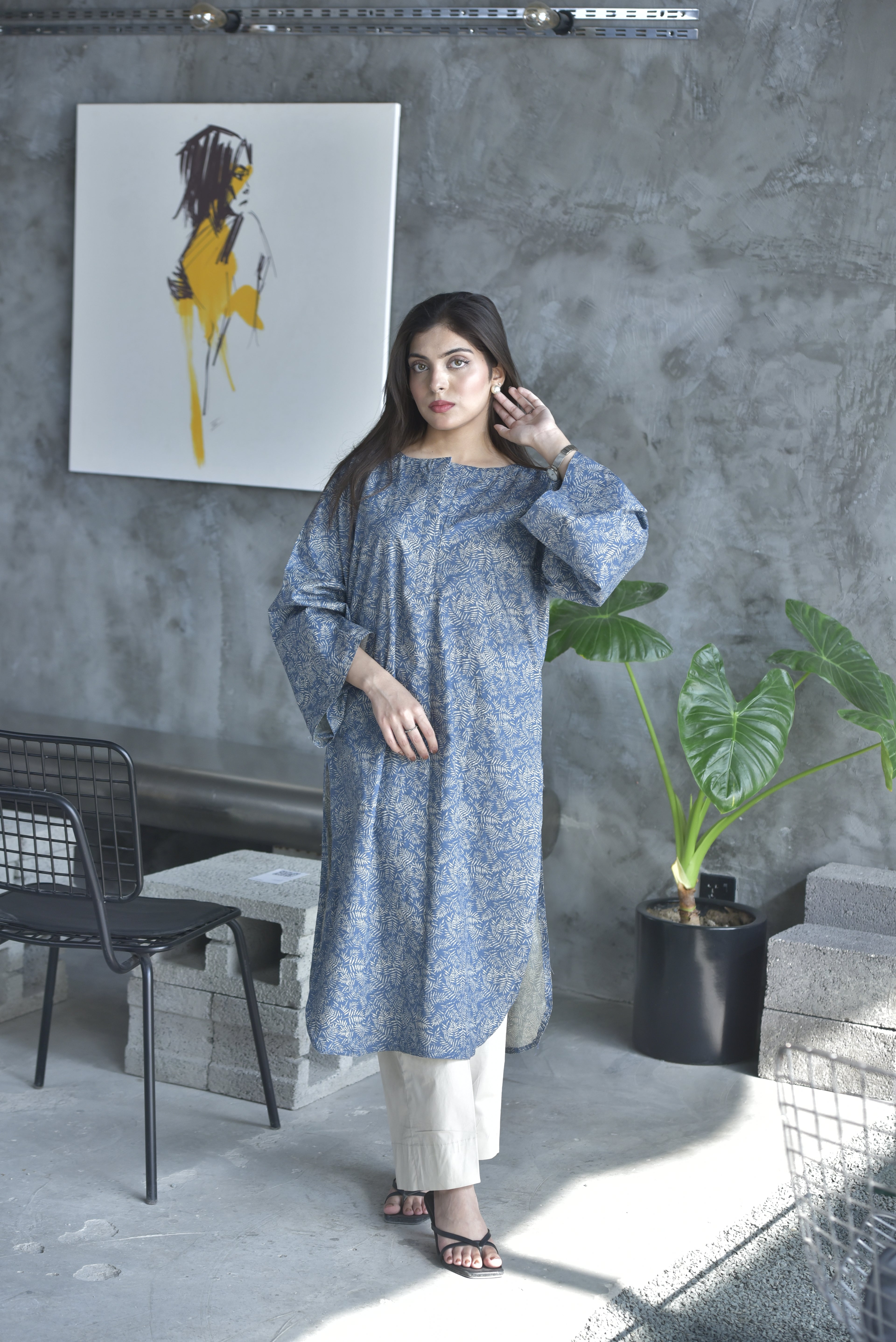 Blue Leaf Print Winter Kurta | Chic Casual Look