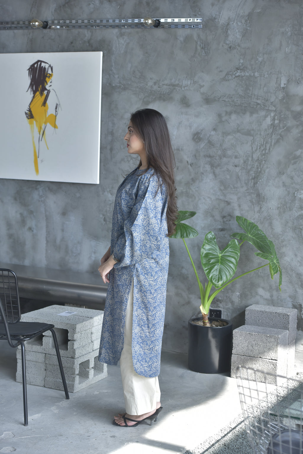 Blue Leaf Print Winter Kurta | Chic Casual Look