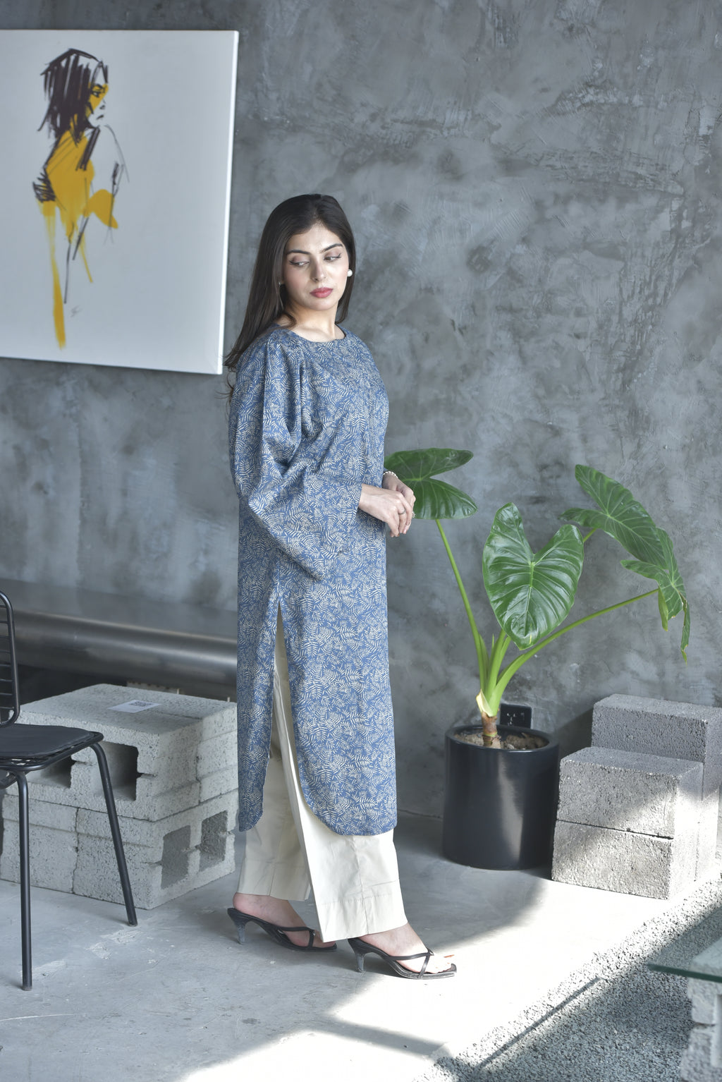 Blue Leaf Print Winter Kurta | Chic Casual Look