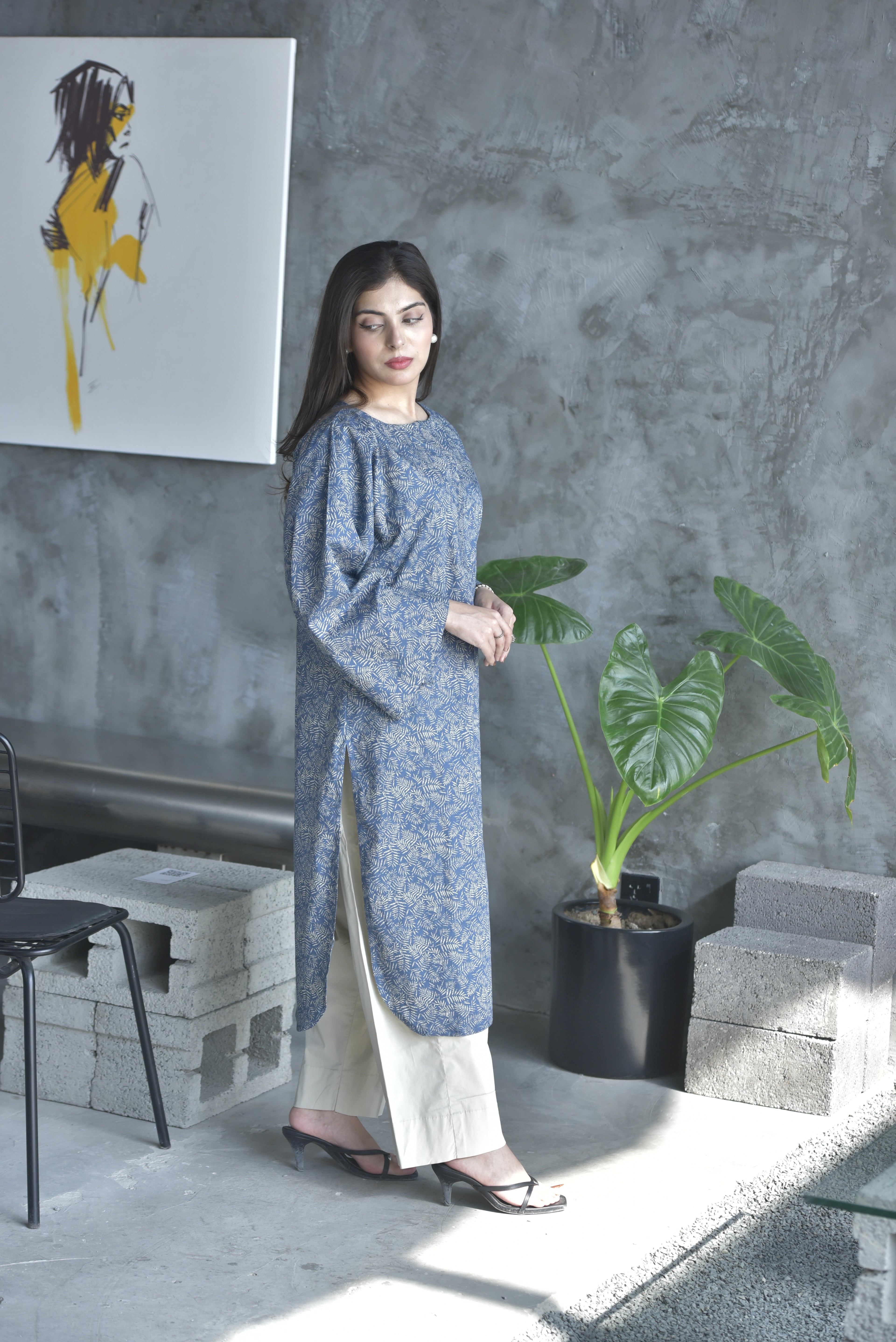 Blue Leaf Print Winter Kurta | Chic Casual Look