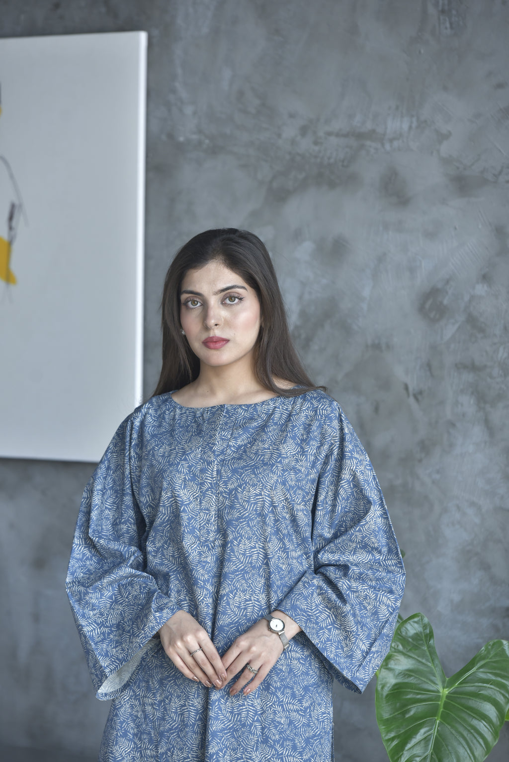 Blue Leaf Print Winter Kurta | Chic Casual Look