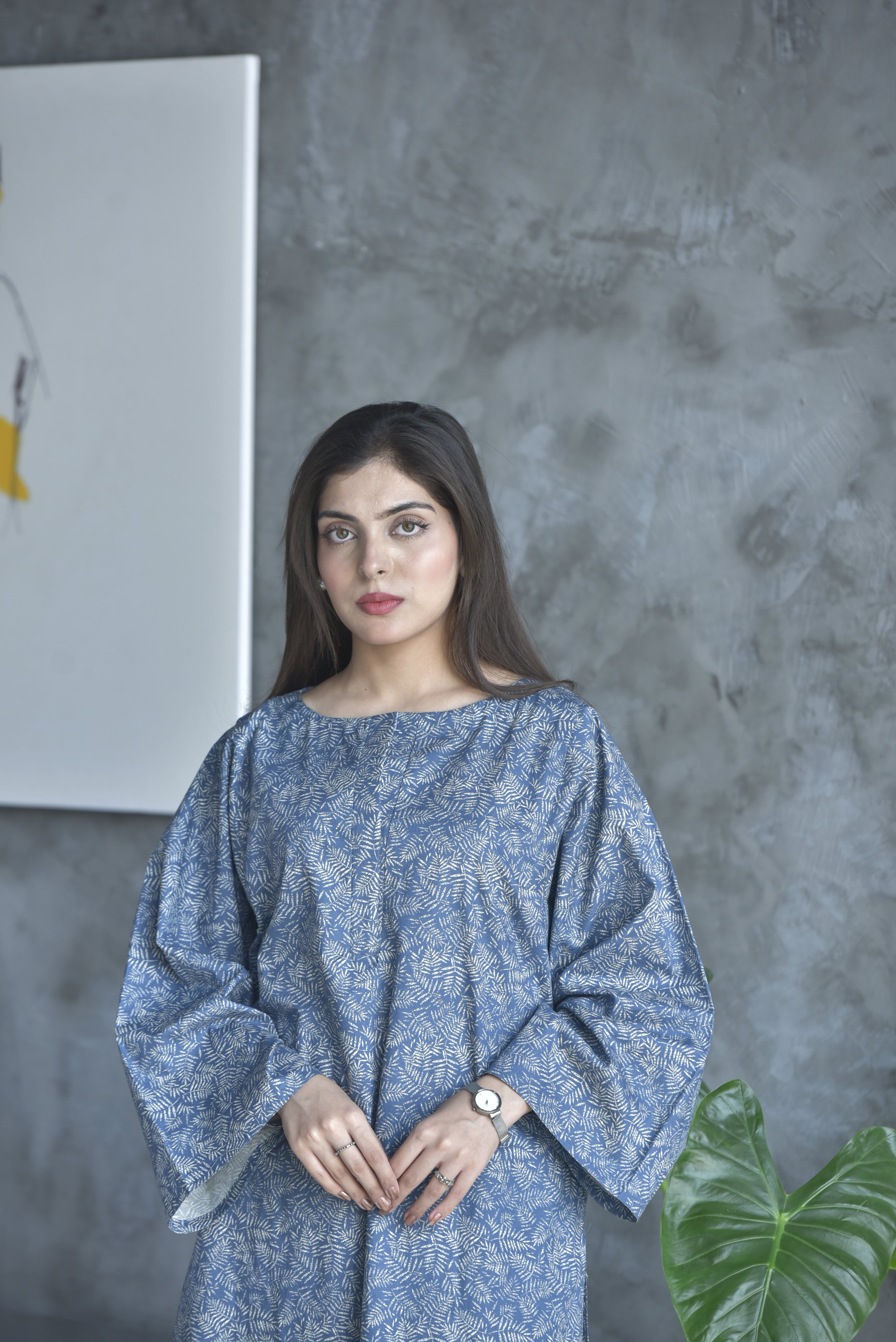 Blue Leaf Print Winter Kurta | Chic Casual Look