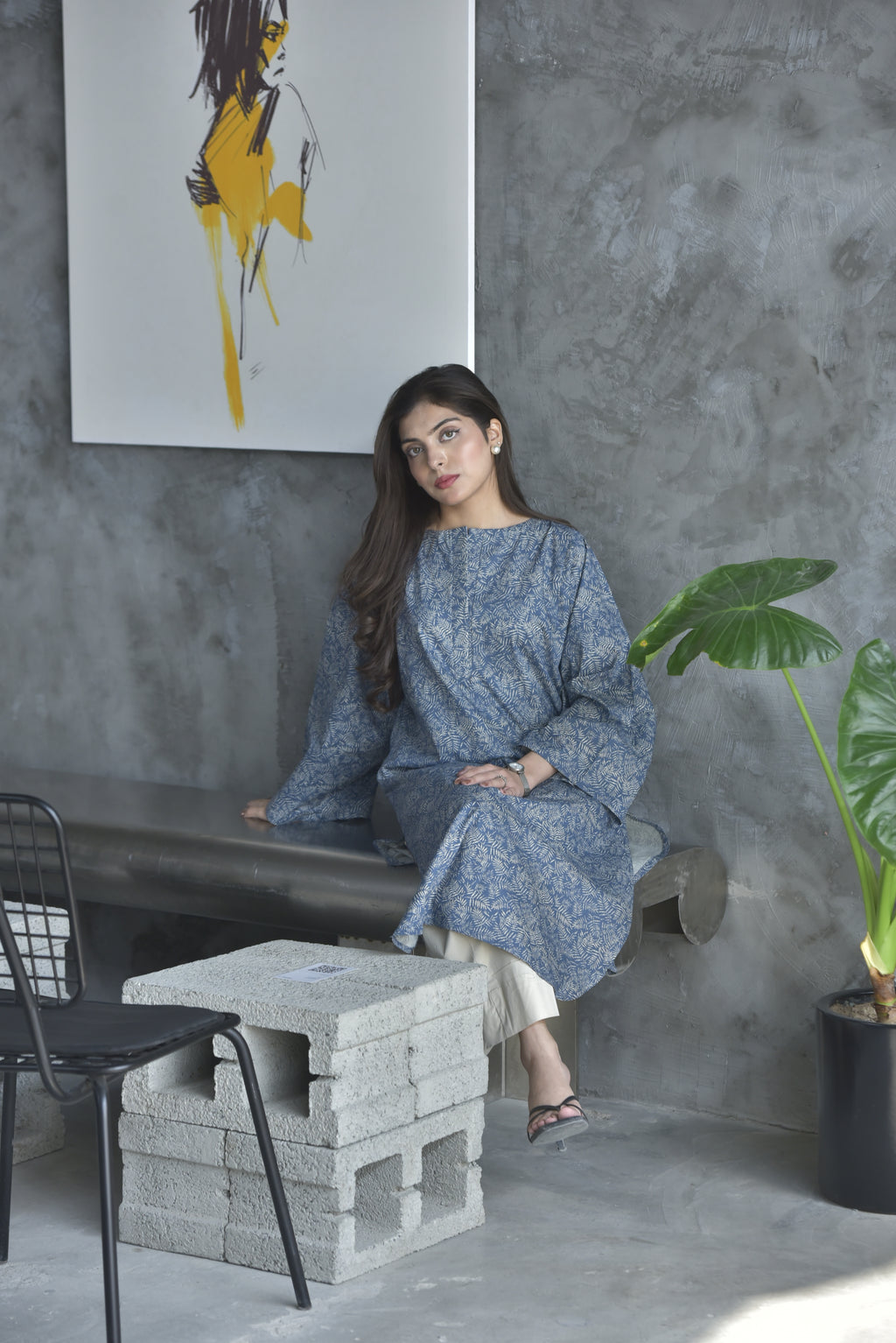 Blue Leaf Print Winter Kurta | Chic Casual Look