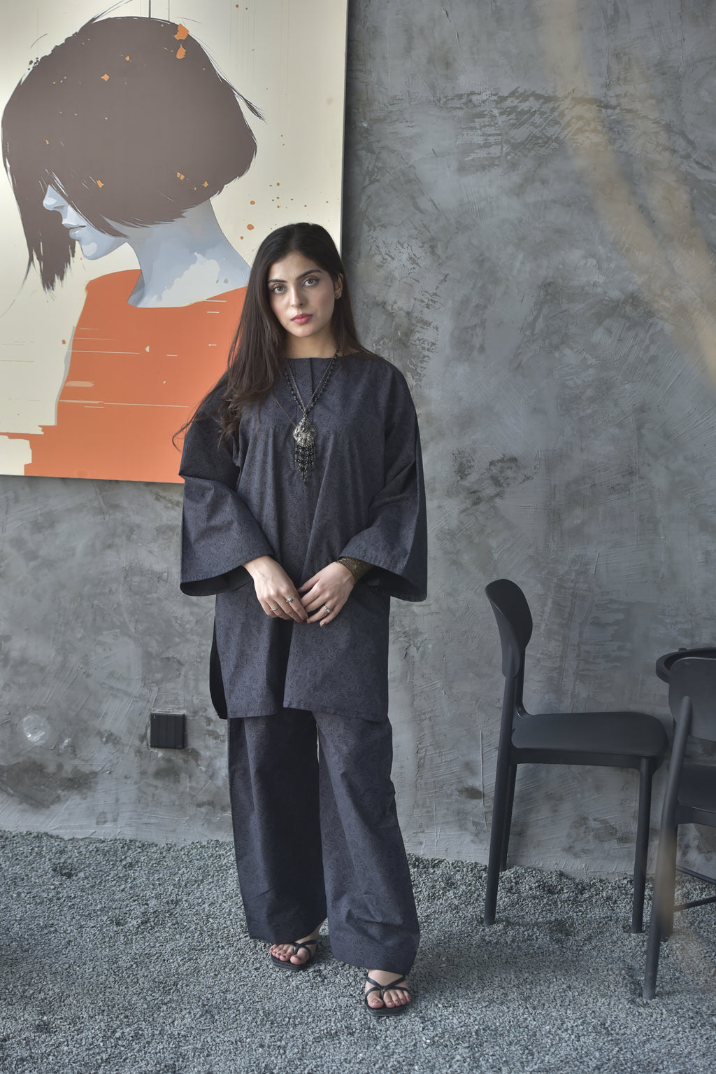 Charcoal printed Winter Co-Ord Set | Elegant Two-Piece Suit | Yellowow Pakistan