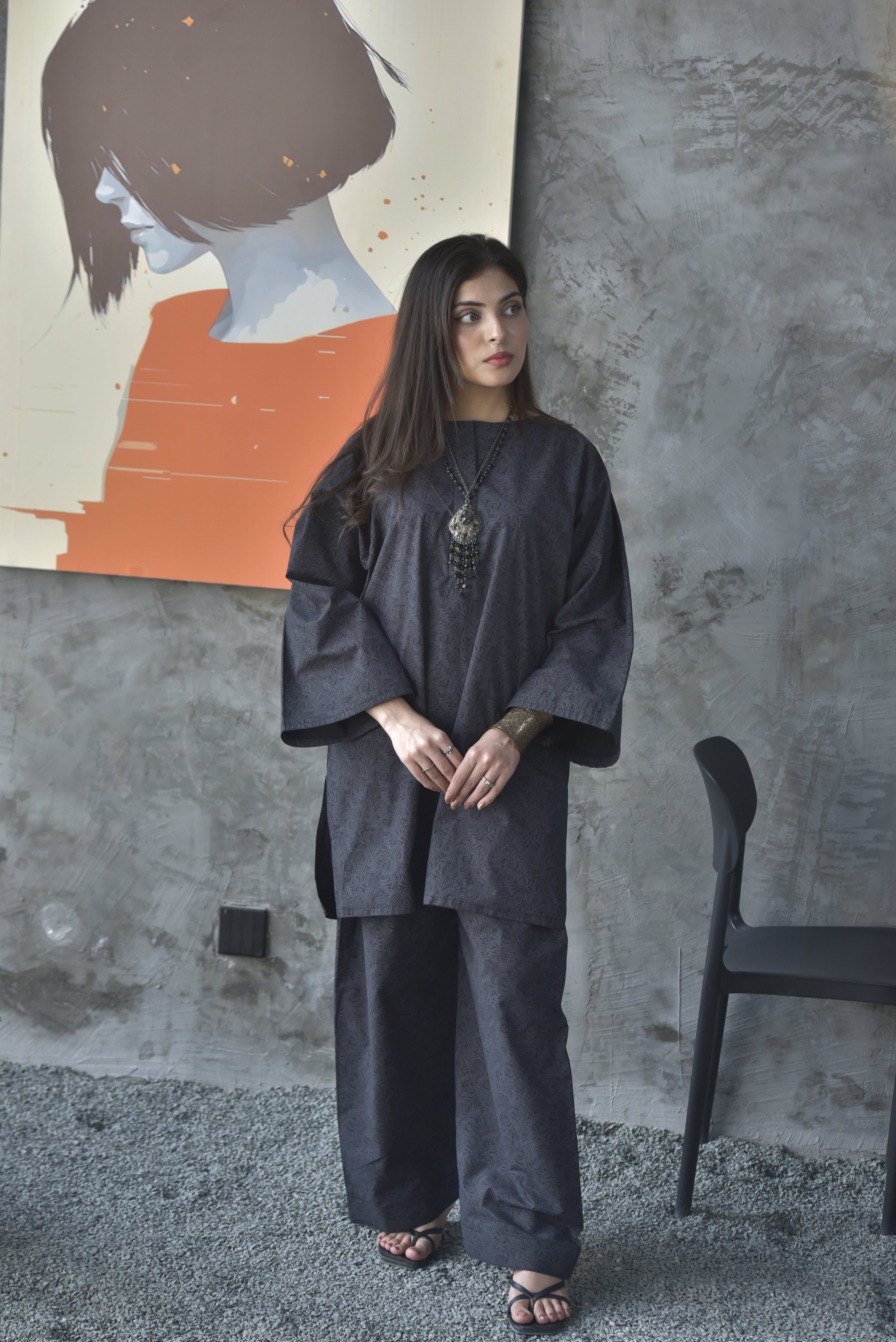 Charcoal printed Winter Co-Ord Set | Elegant Two-Piece Suit | Yellowow Pakistan